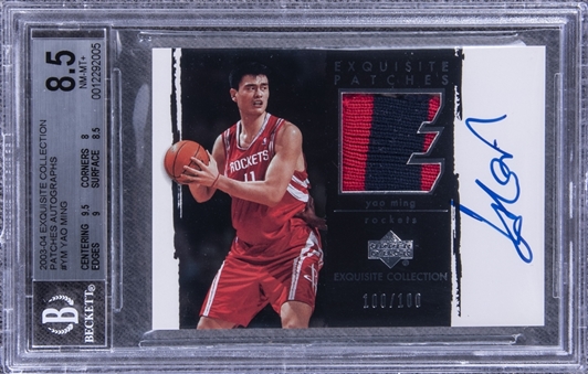 2003-04 UD "Exquisite Collection" Patches Autographs #YM Yao Ming Signed Game Used Patch Card (#100/100) – BGS NM-MT+ 8.5/BGS 10